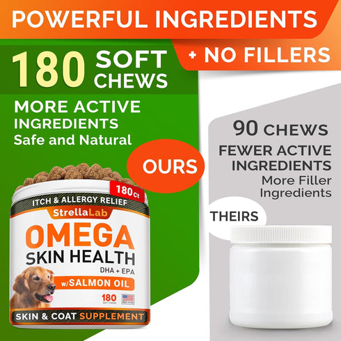 STRELLALAB Omega 3 for Dogs - Fish Oil Treats, Allergy & Itch Relief, Skin & Coat Supplement, 360Ct Salmon Flavor