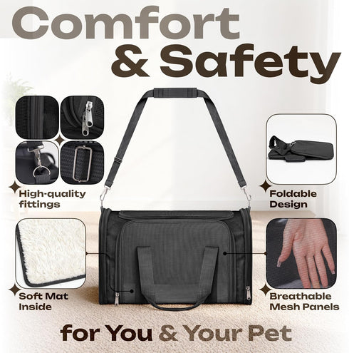 15 lbs, Airline Approved Medium Pet Carrier for Cats & Dogs Foldable Dog Bag with Soft Mat, Breathable Mesh Windows