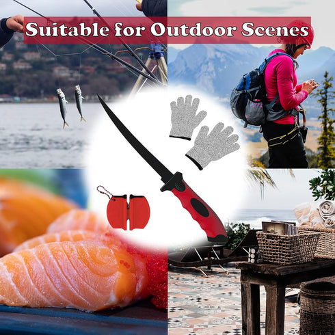 Fish Fillet Knife Set - 7 Inch Professional Stainless Steel Blade with Sharpener and Gloves for Fishing and Outdoor