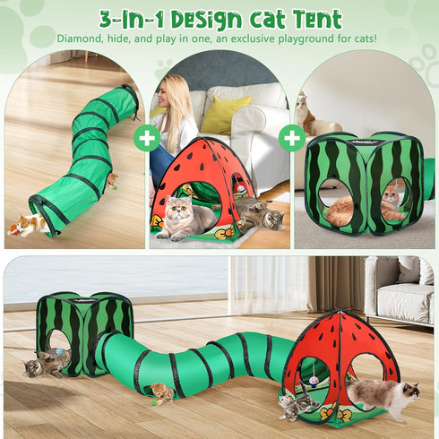 3-in-1 Tailtastic Watermelon Cat Play Tunnel with Pop-Up Cube & Triangle Cat Tent, Interactive Toy Ball & Foldable
