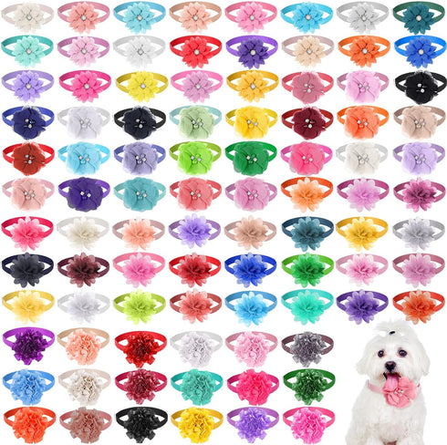 Reginary 100 Pcs Bulk Dog Collar Flowers, Adjustable Nylon Multi Color Floral Collars for Small Pets