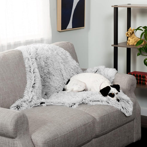 Furhaven Waterproof Throw Blanket for Dogs & Indoor Cats, Washable Shaggy Plush Calming Long Faux Fur Blanket (Mist
