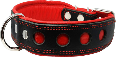 Dogs My Love Real Leather Soft Padded Dog Collar Reflective (13.75"-16.25" Neck; 1.75" Wide, Black/Red)