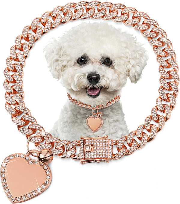 Hillban Rose Gold-Plated Diamond Dog Chain Collar with Heart Rhinestones, Personalized Name Tag for Small, Medium, and