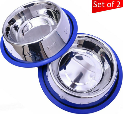 Set of 2 Etched Stainless Steel Dog Bowls, 32oz Each with Non-Skid No-Tip Silicone Ring, Easy to Clean