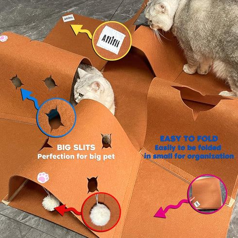 4-Way Interactive Cat Tunnel Mat for Indoor Cats, Felt Cat Cave with Hanging Ball, Foldable Kitty Play Mat and Hideout