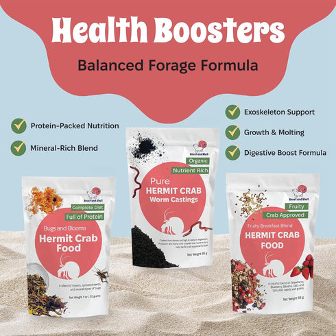 Pack Snout and Shell Hermit Crab Food Variety Fruity Breakfast, Bugs & Blooms, and Organic Worm Castings High-Protein