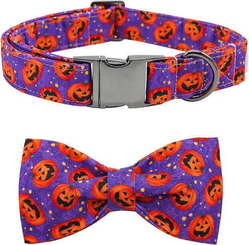 Halloween Pumpkin Bowtie Dog Collar, Soft Adjustable Metal Buckle Gift for X-Small Dogs