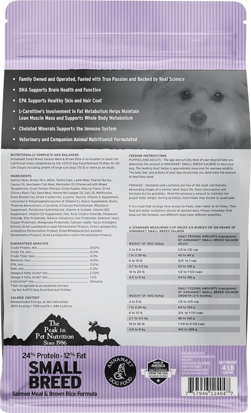 Annamaet Original Small Breed Salmon Formula Dry Dog Food, (Salmon & Brown Rice), 4-lb Bag
