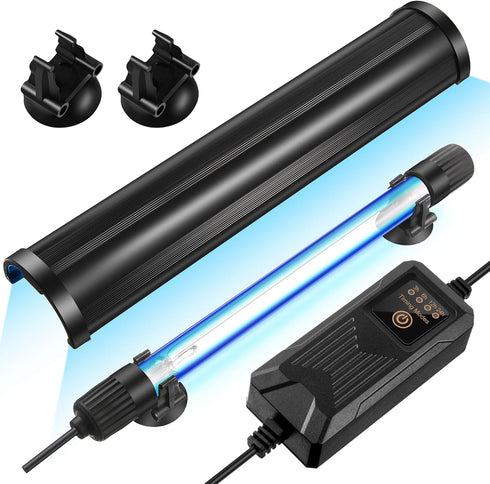 11W Aquarium UV Light for Fish Tank, Submersible Waterproof Sterilizer with Timer and Hood for Algae Control