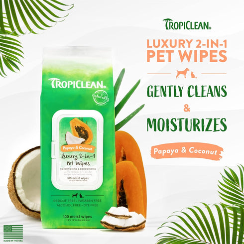 TropiClean Papaya & Coconut Dog Wipes for Paws and Butt, Deep Cleaning Grooming Wipes, Safe for Face, 100 Count