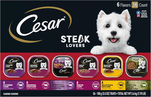 CESAR Adult Wet Dog Food Classic Loaf in Sauce, Steak Lovers Variety Pack, 36 Easy Peel Trays, 3.5 oz Each
