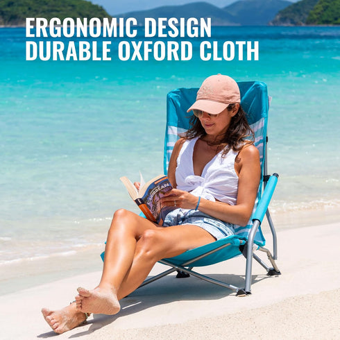 VILLEY Low Beach Chair, High Back Folding Chair for Adults, Lightweight and Portable for Outdoor, Camping, Lawn, Music