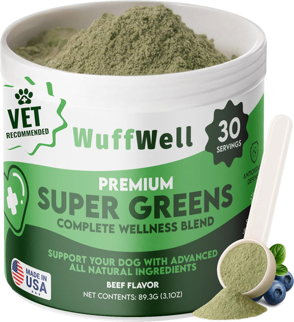 WuffWell Super Greens Powder for Dogs Spirulina, Chlorella, Moringa, Glucosamine & Turmeric
