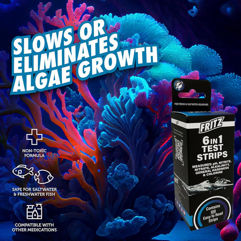 Fritz 6 in 1 Aquarium Test Strips, Monitor Nitrates, Nitrites, Water Hardness, Chlorine, Alkalinity and pH Level, 100