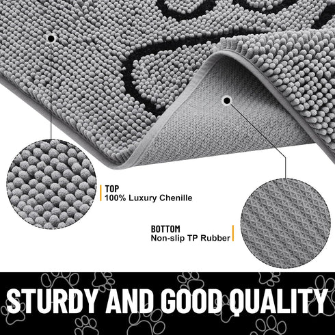 smiry Dog Door Mat for Muddy Paws, Absorbent Non-Slip Washable Mat, Quick Dry Chenille, Grey (47x32 Inches)