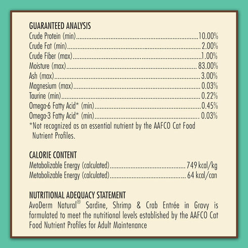 Avoderm Natural Grain Free Sardine, Shrimp & Crab Entree in Gravy Canned Wet Cat Food, 3-Ounce Cans, Case Of 24