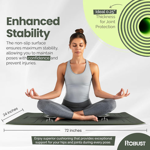 Robust Yoga Mat - 1/4" Thick Non-Slip with Position Lines, Includes Strap & Storage Bag, Eco-Friendly TPE