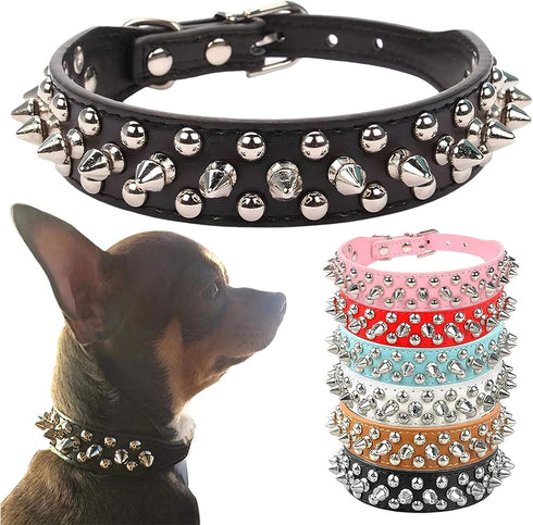 PETCARE Spiked Dog Collar, Black Soft PU Leather with Funny Mushrooms Rivet, Adjustable for Small to Large Dogs