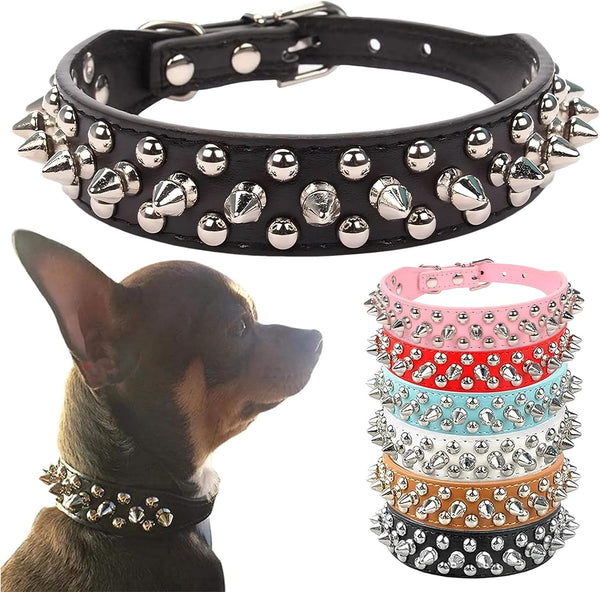 PETCARE Spiked Dog Collar, Black Soft PU Leather with Funny Mushrooms Rivet, Adjustable for Small to Large Dogs