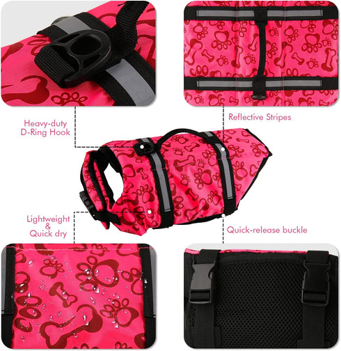 Surblue Dog Life Jacket - Adjustable Flotation Vest for Water Safety at Pool, Beach, Boating, Swimming (Large, Pink)