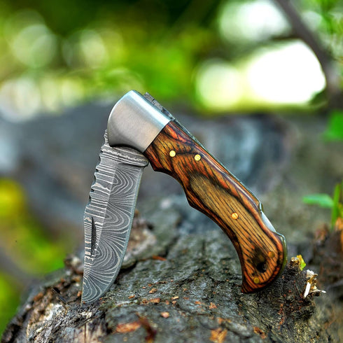 Handmade Damascus Pocket Knife, 6.5 Inches Folding Knife with Sheath, Brown, Best for EDC, Camping, Fishing