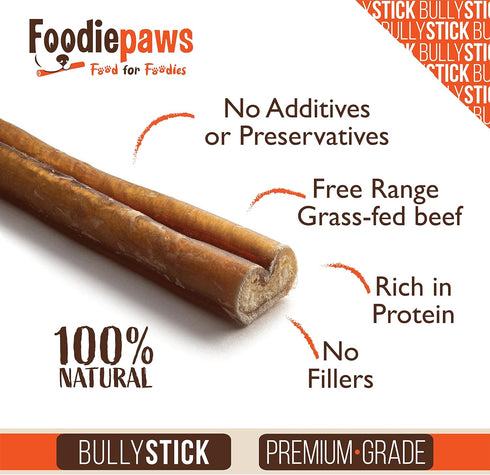 6 Inch 25 Pack FOODIEPAWS Thin Bully Sticks for Dogs, Bulk | All Natural, Grass-Fed Beef | High Protein, Rawhide-Free