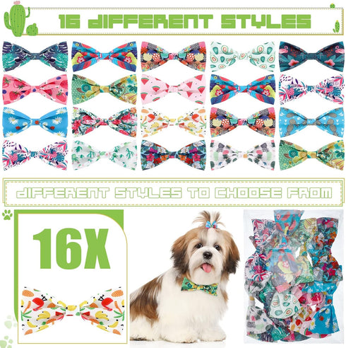 16 Pcs Dog Bow Ties - Summer Hawaiian Styles for Large Dogs - Collar Attachment Bows with Rubber Bands