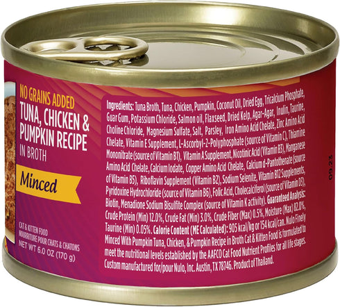 6oz (Pack 8) Nulo Canned Wet Cat Food - Minced Tuna, Chicken & Pumpkin in Broth, High Protein Grain-Free Cat Food