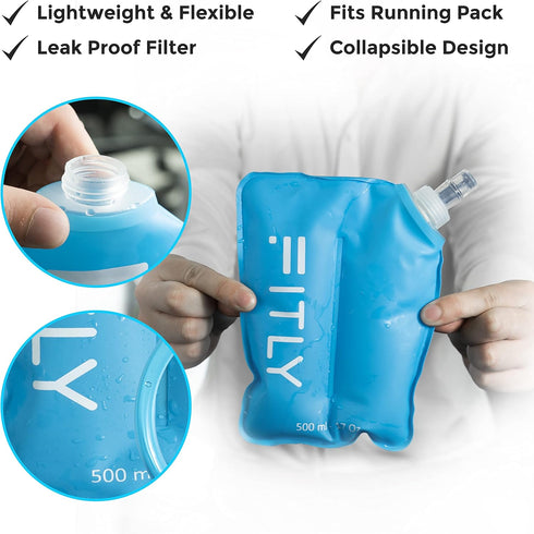 Soft Flask 17 oz (500 ml), Shrink As You Drink Water Bottle for Hydration Pack/Running Vest