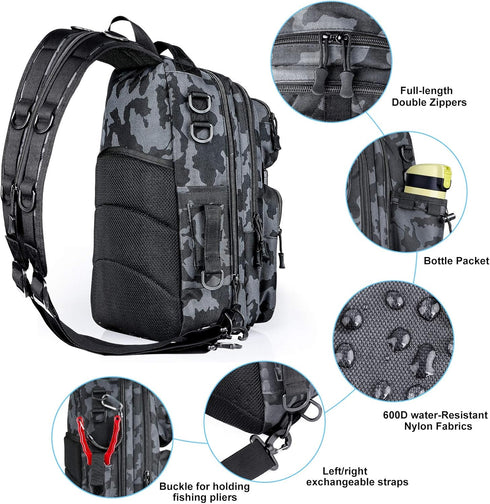 PLUSINNO Fishing Backpack Tackle Bag, Water-Resistant with Rod Holder, Ideal Fishing Gifts
