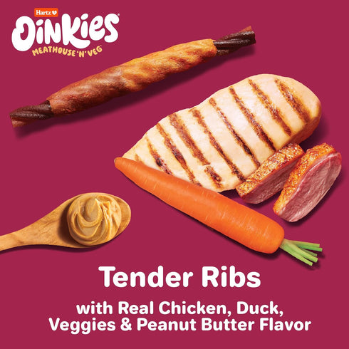 Oinkies Meathouse'n'Veg Tender Ribs Dog Treats with Real Chicken, Duck, Veggies & Peanut Butter Flavor, 22 Count