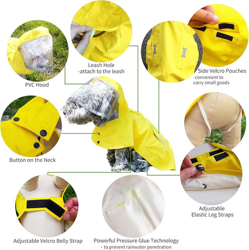 Dog Waterproof Raincoat with Poncho Hoodie, High Reflective Adjustable Yellow Pet Rain Jacket for Small Medium and
