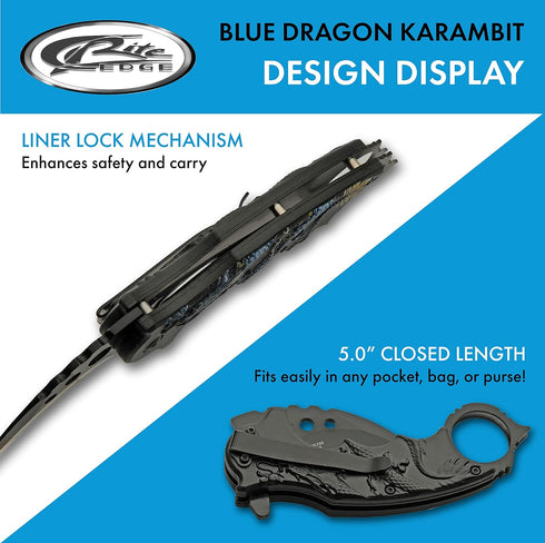 SZCO Supplies 300539-BL Dragon Liner Lock Curved Blade Folding Karambit Knife, Blue, 7" Length