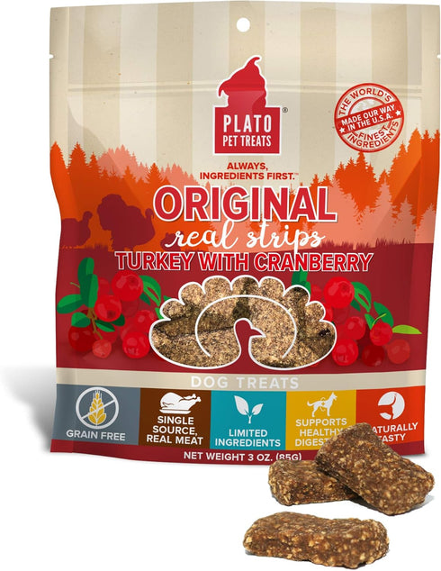 PLATO Turkey Real Strips Natural Dog Treats - Air Dried Real Meat - Turkey & Cranberry, 18 ounces - Made in USA
