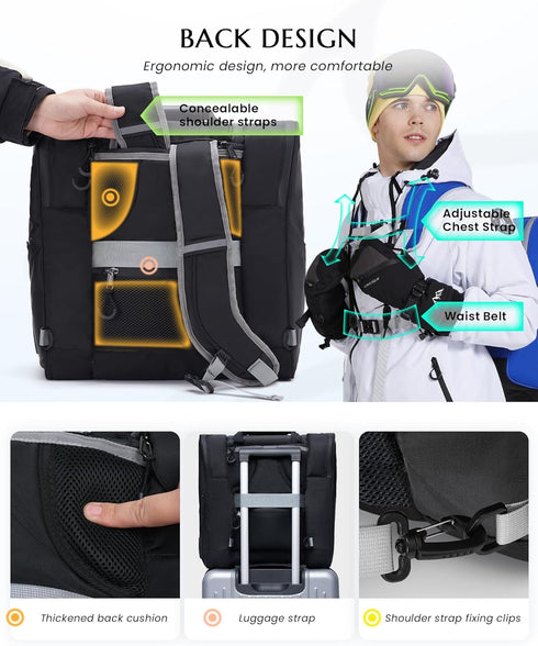 Ski Boots Bag 54L, Fully Padded Backpack for Snowboard Gear, Water-Resistant Travel Luggage with PVC Bottom Pockets