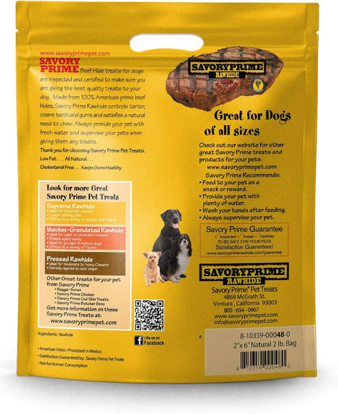 Savory Prime 100% 2Lb American Beef Rawhide Chips, All-Natural Treat W/ No Preservatives, Chemicals, Or Additives