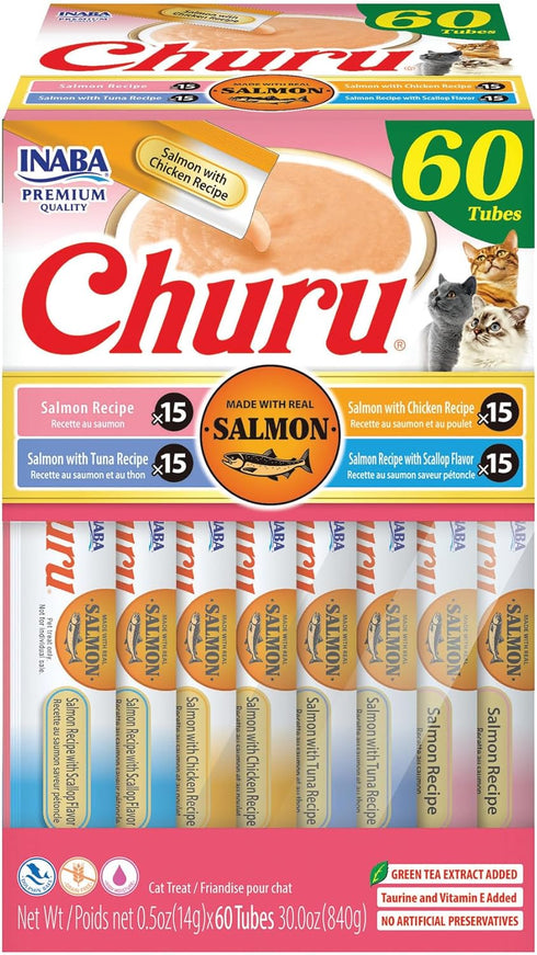 INABA Salmon Churu Cat Treats, Lickable, Squeezable Creamy Pure Cat Treat with