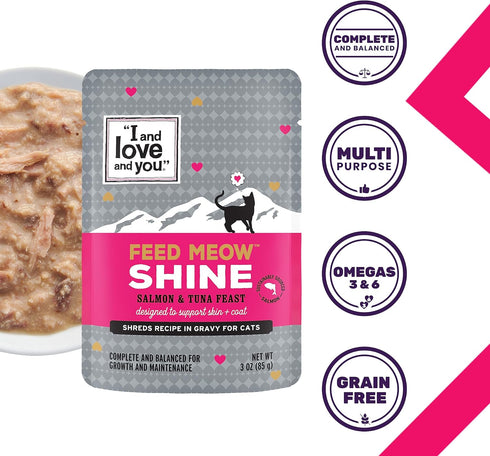 I AND LOVE AND YOU Feed Meow Shine Wet Cat Food, Salmon + Tuna, Grain Free, Shredded, 3oz, Pack of 12
