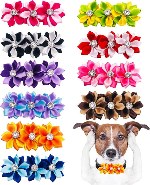 10 Pcs 4.4" Flowers Small Dogs Collar Charms, Multi-Color Slides Bow Ties Rhinestones for Pet Wedding Birthday