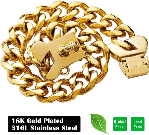 Strong Stainless Steel Gold Dog Chain Collar, Heavy Duty Chew Proof Cuban Link Necklace for Medium Dogs (Long 16'')