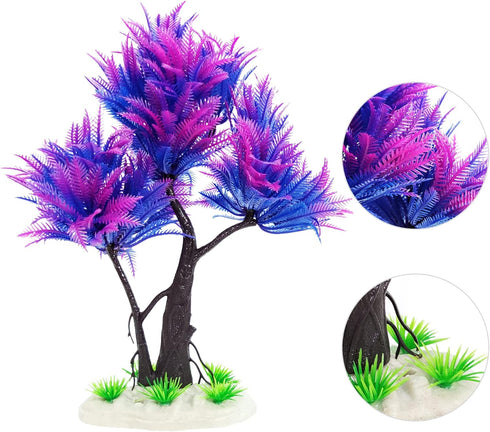6PCS Fish Tank Aquarium Decorations, Plastic Plants with Resin Cave Rock for Fish Hideout (Purple Set)