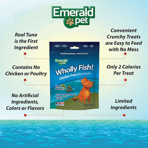 Wholly Fish! Chicken-Free Feline Treats, EMERALD PET Tuna Recipe — Crunchy Tuna Cat Treats with Real Tuna — Grain Free,