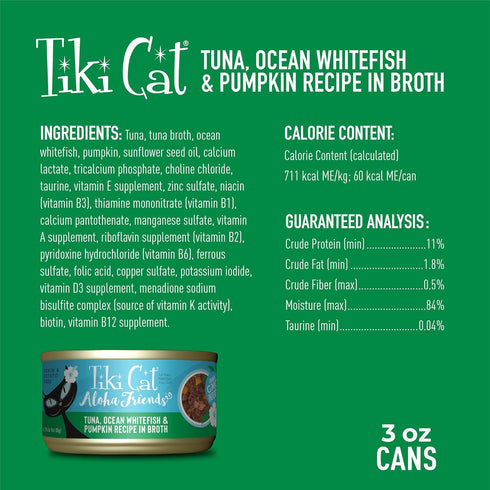 Tiki Cat Aloha Friends, Tuna, Ocean Whitefish & Pumpkin, Grain-Free Wet Cat Food, 3 oz. Cans (Pack of 12)
