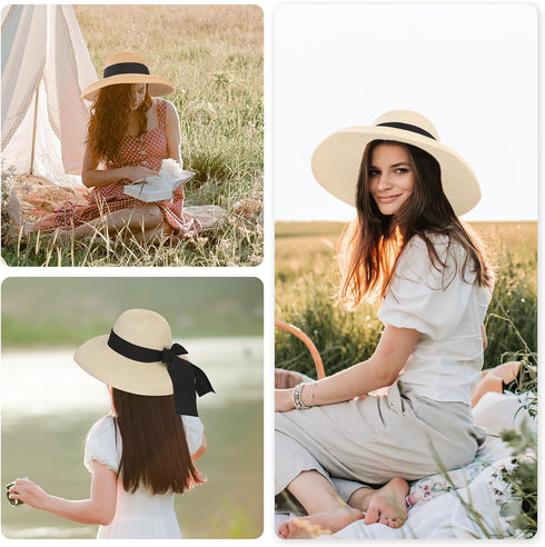 Surblue Straw Summer Hat, Women's Floppy Sun Hat with Wide Brim and Bow