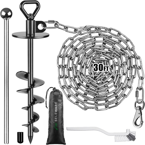 SELEWARE Outdoor Dog Tie Out Stake with Stainless Steel Chains, Anti-Rust Dog Anchor for Large Dogs up to 220 lbs