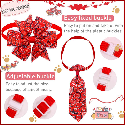 24pcs Valentine's Day Dog Collar Bow Ties Set, Adjustable Holiday Grooming Bow Ties for Small Dogs