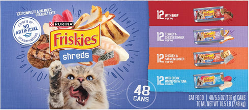 Pack, 48 Purina Friskies Wet Cat Food Variety Shreds With Beef, Turkey and Cheese Dinner, Chicken and Salmon Dinner