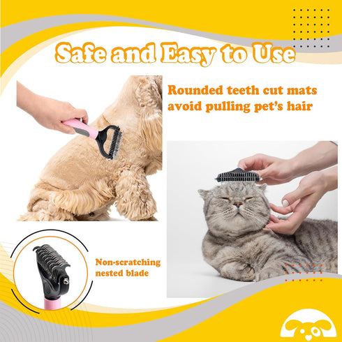 PetnBeyond Undercoat Rake - Double Sided Dematting Brush Tool for Cats and Dogs - Shedding Comb Mat Remover Deshedder - Safe Detangler - Dog Grooming Brush - Easy Mats and Tangles Removing - Cat Brush