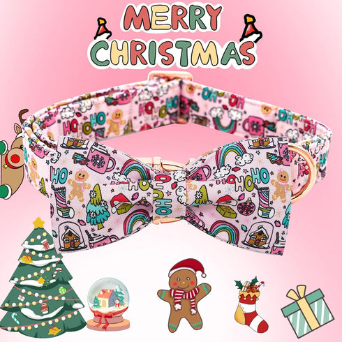 Elegant little tail Christmas Dog Collar, Gingerbread Man Print Holiday Bow Collar for Large Dogs